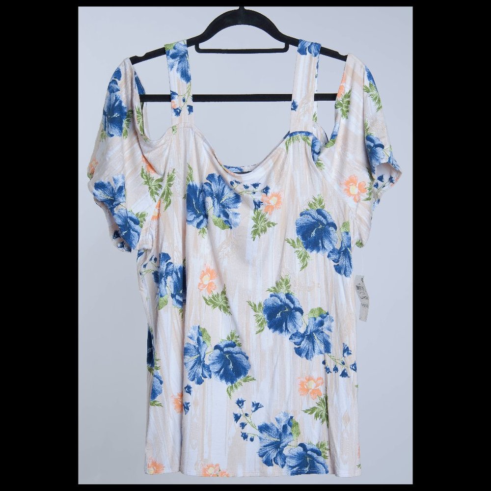 JM Collection Womens Multicolor Floral Short Sleeve Cold Shoulder Top XL NWT